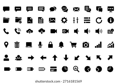 Conjunto de iconos de interfaz de usuario esencial: comunicación, navegación, medios, flecha, iconos de glifo del sistema
