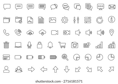 Conjunto de iconos de interfaz de usuario esencial: comunicación, navegación, medios, flechas, iconos del sistema