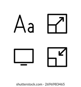 Conjunto de Ícones de Interface do Usuário Essencial - Tela de Tamanho de Fonte em Tela Inteira e Elementos de Exibição de Saída