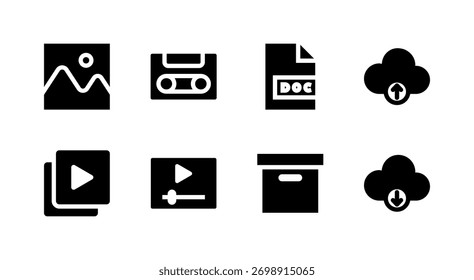 Conjunto de Ícones Essenciais da Interface do Usuário - Elementos de Nuvem e Arquivo de Mídia do Documento de Vídeo de Imagem