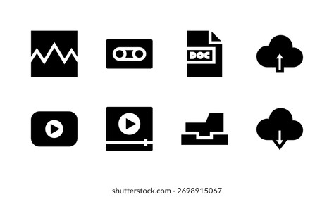 Conjunto de Ícones Essenciais da Interface do Usuário - Elementos de Nuvem e Arquivo de Mídia do Documento de Vídeo de Imagem