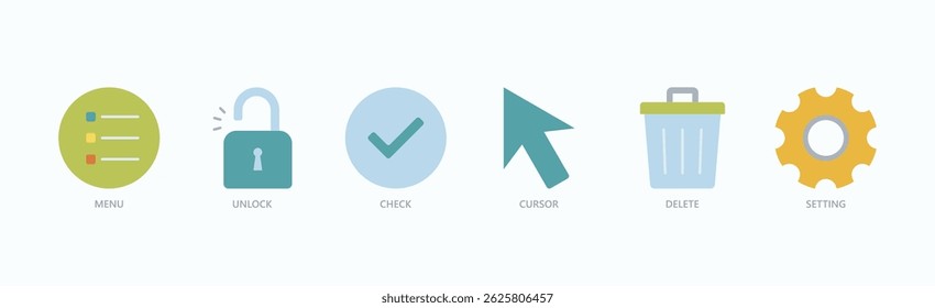 Essential Ui Icon Set Isolated Vector Illustration Concept With Icon Of Menu, Unlock, Check, Cursor, Delete, Setting In Flat Style