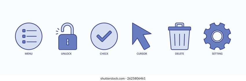 Essential UI Icon Set Isolierte Vektorgrafik-Konzept mit Icon von Menü, entsperren, überprüfen, Cursor, löschen, Einstellung in blauen Stil