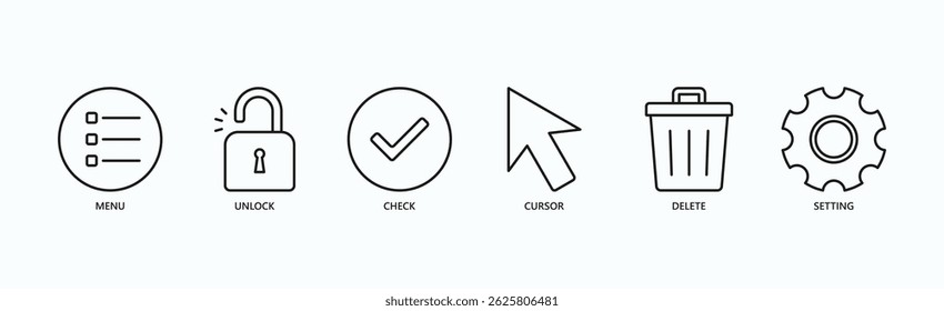 Essential Ui Icon Set Isolated Vector Illustration Concept With Icon Of Menu, Unlock, Check, Cursor, Delete, Setting In Outline Style