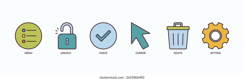 Essential Ui Icon Set Isolated Vector Illustration Concept With Icon Of Menu, Unlock, Check, Cursor, Delete, Setting In Outline Color Style