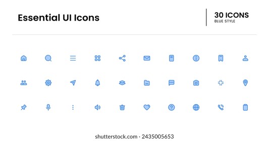 Conjunto de iconos de IU esencial. ui, móvil, vector, línea, web, interfaz. Ilustración de icono de vector azul