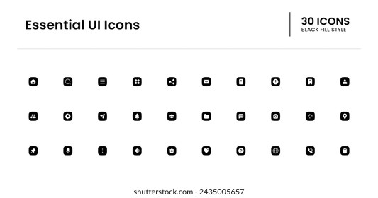 Conjunto de iconos de IU esencial. ui, móvil, vector, línea, web, interfaz. Ilustración de icono de relleno negro vectorial