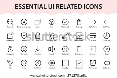 Essential UI icons. A clean set of alerts, tags, controls, navigation, media, and practical interface signs.