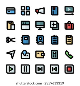 Essential UI icons, in colored outline style, for any purposes, including business, applications, web, music, multimedia, and others.