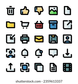 Essential UI icons, in colored outline style, for any purposes, including business, applications, web, music, multimedia, and others.
