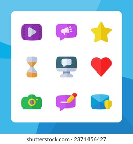 Essential ui icons in flat style, for ui ux design, website icons, interface and business. Including video file, marketing, star, love, heart, camera, time, security message, etc.