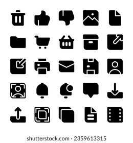 Iconos esenciales de la interfaz de usuario, en estilo glifo, para cualquier propósito, incluyendo negocios, aplicaciones, web, música, multimedia y otros.