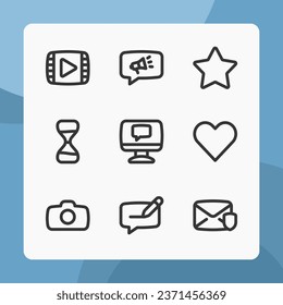 Essential ui icons in line style, for ui ux design, website icons, interface and business. Including video file, marketing, star, love, heart, camera, time, security message, etc.