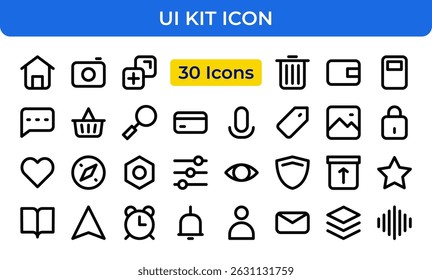 Essential UI Icons Set. Startseite, Suche, Einstellungen, E-Mail, Benutzer, Speicherort und mehr. Bearbeitbarer Strich.