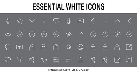 Essential UI icons set. White line icons. Basic user icons.