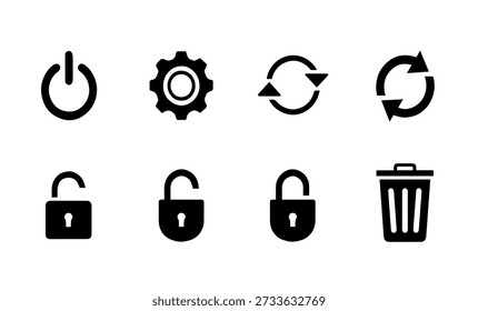 Iconos esenciales de la interfaz de usuario y del sistema: Botón de energía, equipo, actualización, bloqueo, desbloqueo, papelera. Diseño plano de Vector para Elementos de interfaz.