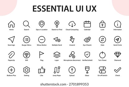 Essential UI UX Icon Collection. Modern Minimal Line Symbols for Apps, Digital Systems, and Mobile Navigation Design