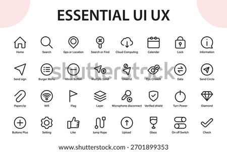 Essential UI UX Icon Collection. Modern Minimal Line Symbols for Apps, Digital Systems, and Mobile Navigation Design
