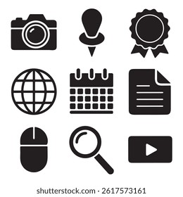  Essential UI Vector Silhouette Icons - Web and App Elements, Web and App UI Icons Set – Camera, Location, Award, Globe, Calendar, Document, Mouse, Search, Video