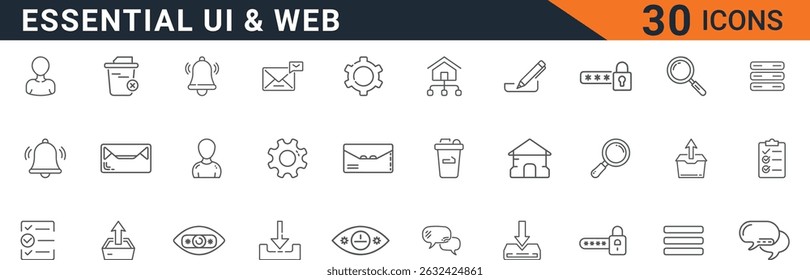 IU essencial e ícone de interface da Web definidos para notificações, configurações, mensagens e acesso