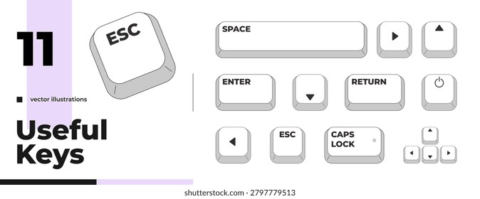 Essential useful grayscale computer keyboard keys pack. Software guidance. Minimal rounded keycaps. Keystroke buttons isolated. Vector line illustration set. PC navigation. Input interface
