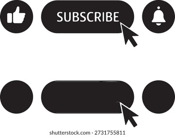Ícones essenciais da interface do usuário para engajamento de mídia social, mostrando botões como, inscrever-se e notificação com um cursor do mouse.