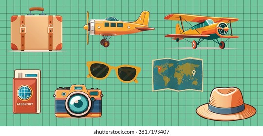 Essential vacation gear set showcasing Retro Vintage style travel items like suitcase light propeller plane vintage camera classic sunglasses world map and fedora hat illustrated in colorful flat design style isolated on light green background perfect for holiday themes tourism branding or trip planning visuals