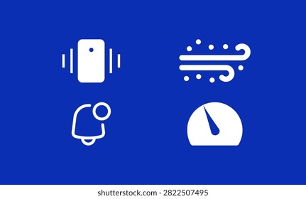 Essential vector icon set featuring smartphone vibration alert mode notification alarm bell symbol gusty wind weather effect and speed gauge indicator minimalist white icons designed for intuitive mobile app user feedback status monitoring and dashboard controls on clean blue solid background.