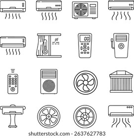 Essential vector icons for air conditioning, cooling, and HVAC systems. Perfect for various design projects.