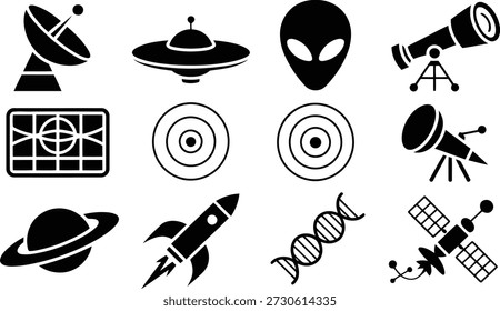 Iconos vectoriales esenciales que representan viajes espaciales, vida extraterrestre y descubrimientos científicos. Perfecto para temas de tecnología y educación.