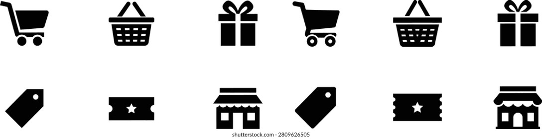 Essential vector set for online shopping featuring shopping carts baskets price tags and shop buildings perfect for ecommerce web interfaces retail promotions and digital storefronts providing clear visual representation of purchasing processes.
