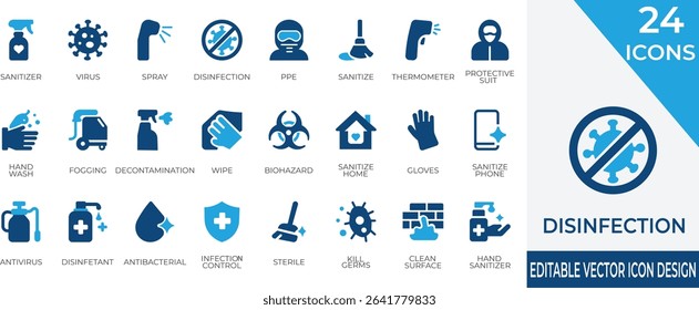 Essential vector style icons for hygiene, virus protection, and surface disinfection. Perfect for healthcare, safety instructions, and cleaning-related design projects.