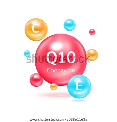 Essential vitamin C, E, Q10 and mineral complex. Different color glossy vitamin pills capsules. Pill, Healthy food supplement. Isolated on white background 3D Vector EPS10.