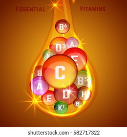 Essential vitamin complex. Beautiful creative background with different vitamins in glossy pills inside the oily drop. Vector illustration in bright colours. Medical, dietary and pharmaceutical image.