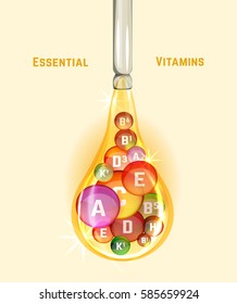 Essential vitamin complex. Beautiful creative background with different vitamins in glossy pills inside the oily drop. Vector illustration in bright colours. Medical, dietary and pharmaceutical image.