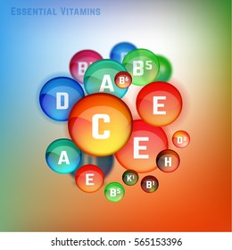 Essential vitamin complex. Beautifyl creative background with different colourful vitamins in glossy pills. Vector illustration in bright colours. Medical, dietary and pharmaceutical image.