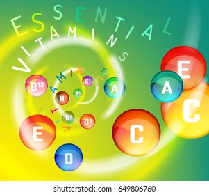 Essential vitamin complex. Creative background with different vitamins in glossy pills flying in a colourful swirl. Vector illustration in rainbow colours. Medical, dietary and pharmaceutical image.