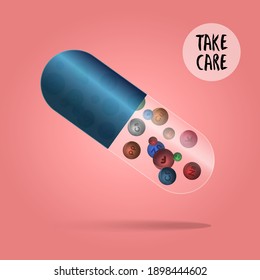 Essential vitamin and complex minerals. Vector creative design with different color glossy vitamin pill capsule.