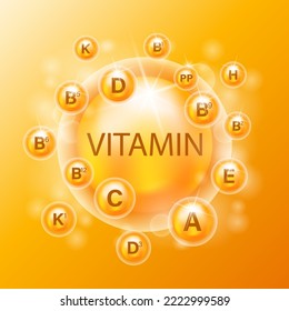 An essential vitamin complex. Vitamins A, B1, B2, B6, B9, B12, C, D, D3, E, K, K1. 3d set of vitamin supplements for health and beauty.