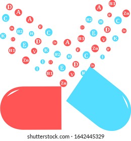Essential vitamin and mineral complex. Vector creative design vitamin pills capsules. Multi Vitamin complex icons. Multivitamin supplement, Vitamin logo. Diet Infographic poster. Science