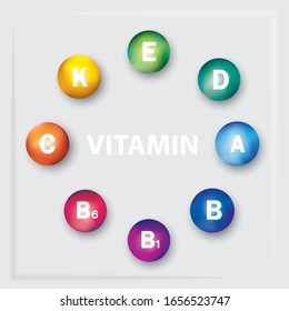 Essential vitamin and mineral complex. Vector creative design with different color glossy vitamin pills capsules.