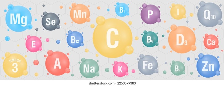 Essential vitamin and mineral complex. Vector creative design with different color glossy vitamin pills capsules. Vector illustration