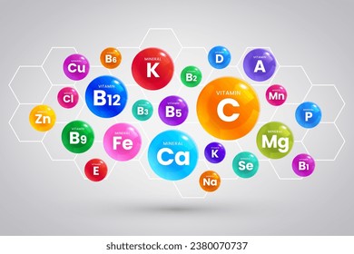 Diseño vectorial esencial de complejos minerales vitamínicos en los pasos 10