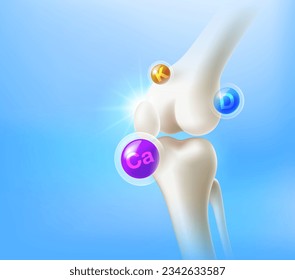 Essential vitamins for the body and bones Helps treat arthritis, knee joints, leg pain, helps to make the skeleton strong. Food supplement ads, medical concept. 3d realistic vector file.