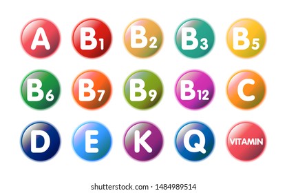 Essential vitamins and mineral complex flat icons set. Health care buttons:  A, B,C, D, E, K, Q. Dietary supplements. Template for web page, app, promo. UI/UX/GUI design element.