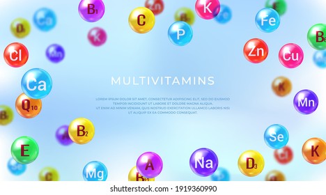Essential vitamins and minerals. Multi Vitamin complex. Poster with different color glossy vitamin and mineral pills capsules.	
 svg