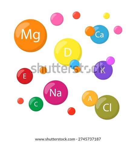 Essential vitamins and minerals vector illustration. Multicolored round micronutrients. Organic multivitamin complex concept.