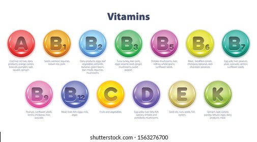 Essential vitamins table vector illustration. Colorful infographics.