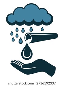 Concepto esencial de conservación del agua que muestra la lluvia que cae de una nube dirigida por una tubería a una mano humana abierta