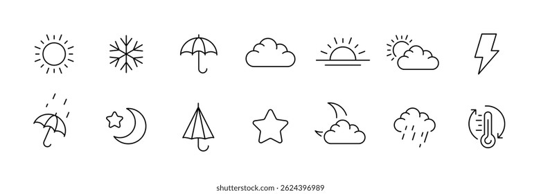 Essential weather icons set: outline style for forecast and climate graphics
